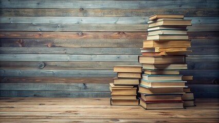 Naklejka premium A Stack of Vintage Books on a Rustic Wooden Table Against a Weathered Wooden Wall