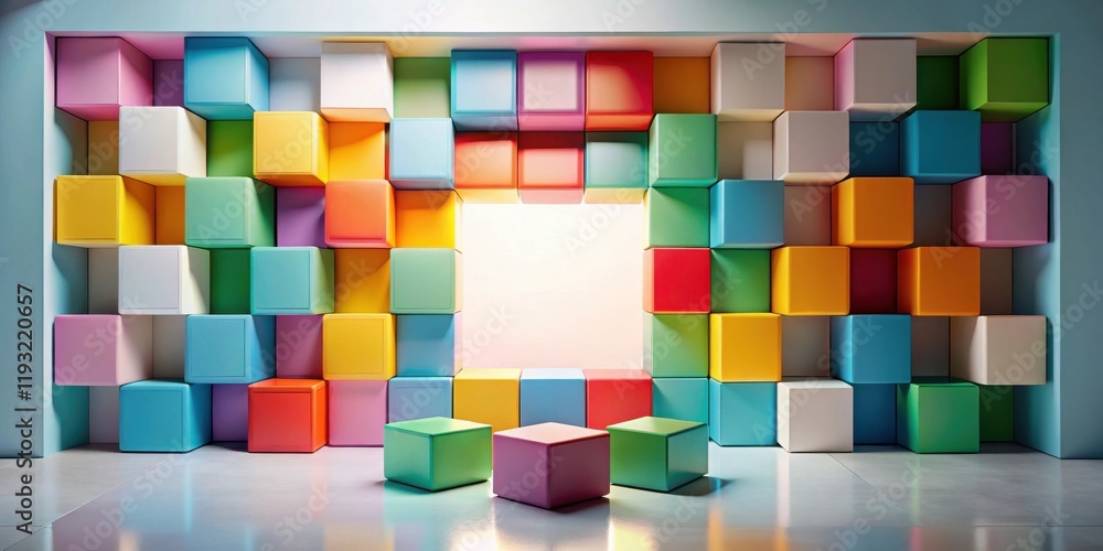 Poster abstract colorful cube wall with central opening and small cubes in foreground