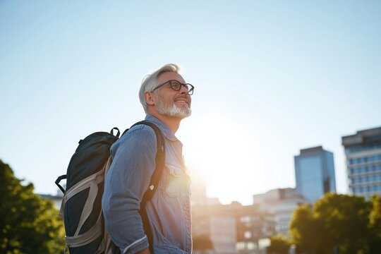 A man wearing glasses and a backpack is standing in a city park. He is looking up at the sun, which is shining brightly in the sky. Concept of peace and tranquility