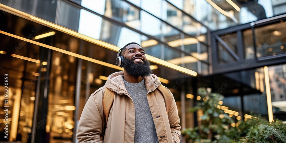 Poster a man with a beard and a backpack is smiling while walking in front of a building. concept of happin