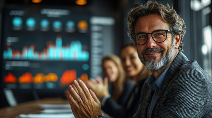 diverse executive team in modern boardroom clapping and smiling
