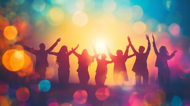 A vibrant celebration of joy and unity, where a group of people raises their arms against a radiant background filled with colorful bokeh lights.