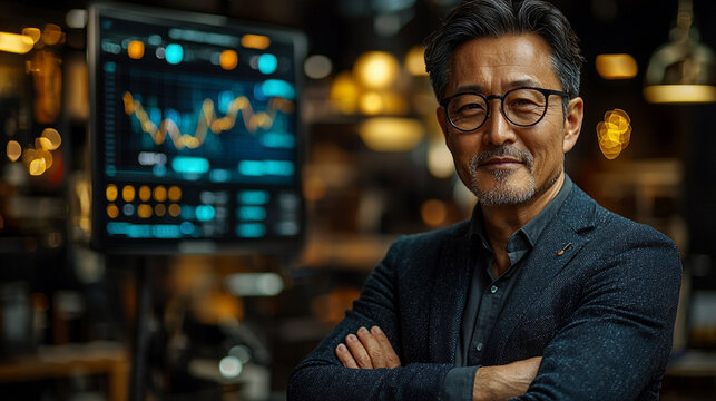 Middle aged man confidently standing beside digital screen displaying financial data