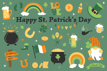 Set of St. Patricks Day with hand drawn color doodles icons. St. Patricks Day collection with green shamrock leaf, beer, irish flag,  leprechaun hat, clover, coins. Vector illustration
