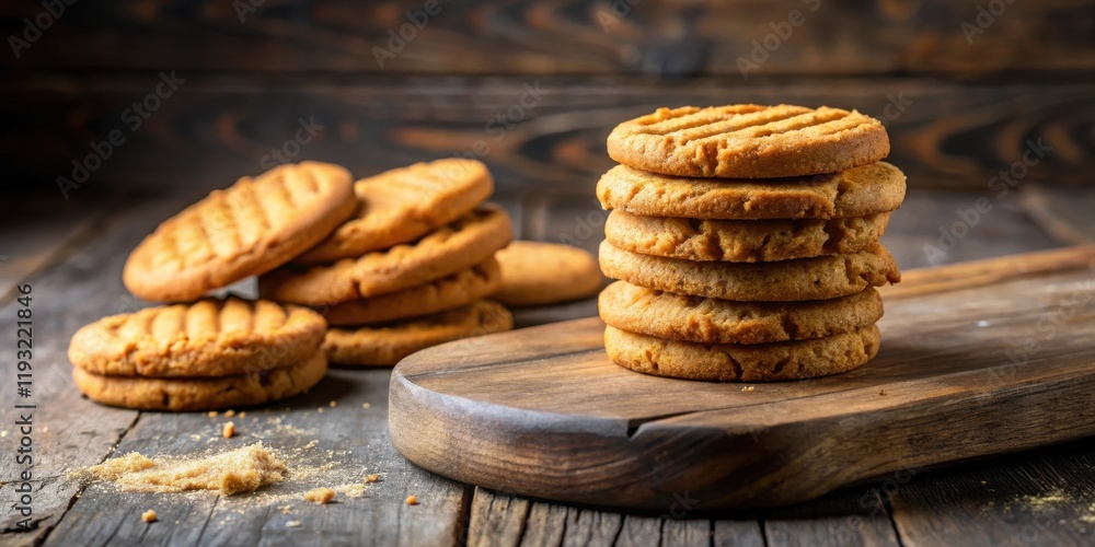 Poster a stack of delicious golden-brown cookies on a rustic wooden board, surrounded by more cookies and a