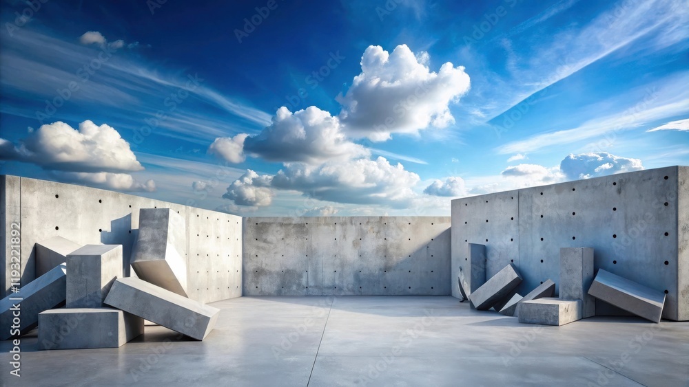 Poster abstract concrete architectural design with scattered blocks under a vibrant blue sky with fluffy cl
