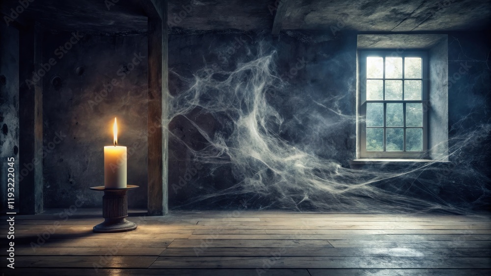 Poster a single lit candle on a candlestick sits in a dimly lit room with cobwebs and a window
