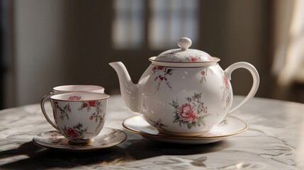 Teapot on the table complete with tea cups