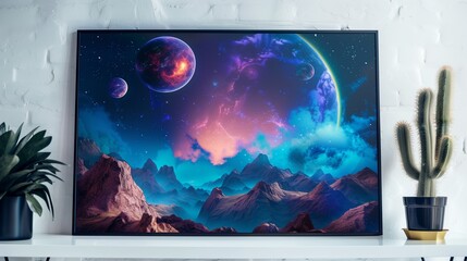 A vibrant poster showcasing a fictional intergalactic scene, resting flat on a white surface.