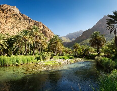 Generated image The lush, green oasis of the Ourika Valley, with rivers and palm trees set against a mountains