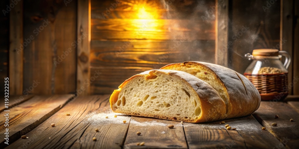 Poster artisan baked bread slices on rustic wooden table with warm backlighting