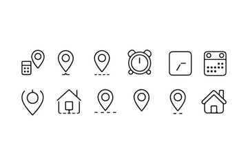 Modern Line Icons Representing Location, Time, and Calendar
