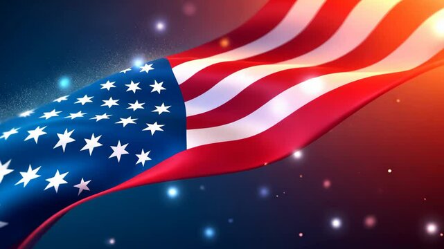 USA colors, stars and stripes abstract bright motion design. Independence Day modern background. Flag with stars and stripes is shown in blue and red background. The flag is in the middle of the image