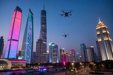 A futuristic city skyline glowing at night, with neon lights and flying drones.