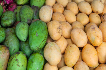 Lots of different ripe fruits on the market in Asia. Fruity multicolored background.
