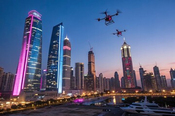 A futuristic city skyline glowing at night, with neon lights and flying drones.