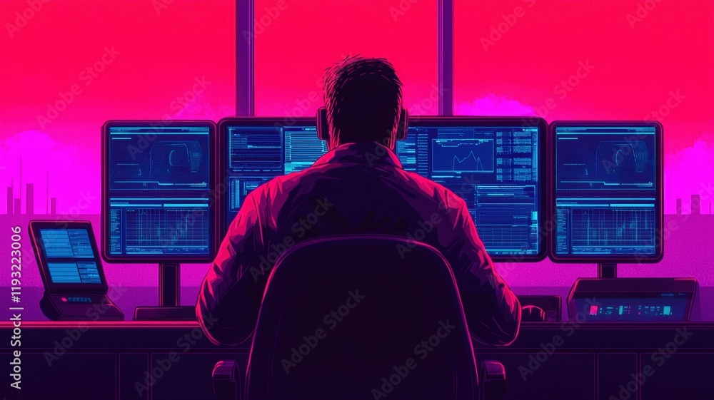 Poster a person sits at a desk with multiple screens, surrounded by a vibrant pink and blue glow, immersed 