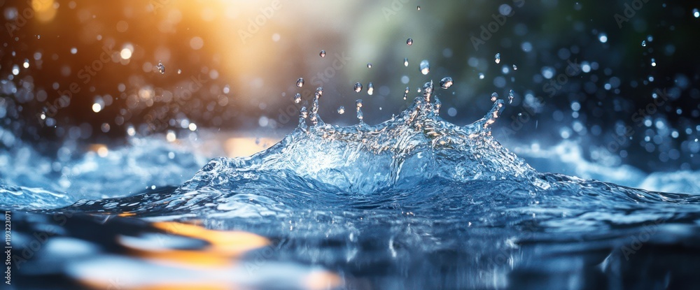 Poster water droplet impact creating a splash with light reflection.