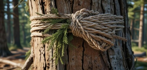 A spruce bough wrapped in twine and tied around the trunk of a weathered pine tree, evergreen, twine