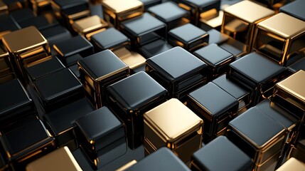 Fototapeta premium Abstract gold and black cubes, 3D render, geometric background, design element