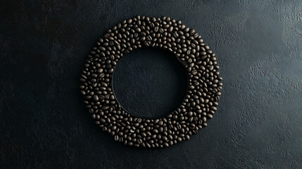 An elegant arrangement of coffee beans positioned in geometric formations, placed on a dark textured background to highlight contrast and form.