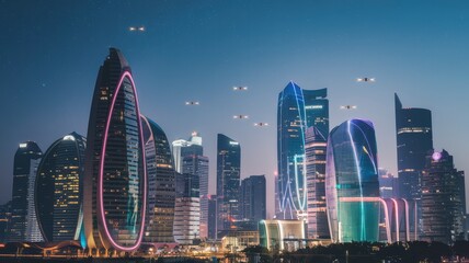A futuristic city skyline glowing at night, with neon lights and flying drones.