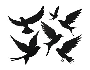 silhouettes of six birds in various flying poses, perfect for nature-themed designs, wildlife illustrations, and artistic projects.
