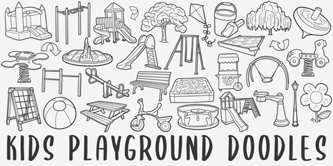 Playground Doodle Icons. Hand Made Line Art. Kids Zone Clipart Logotype Symbol Design.