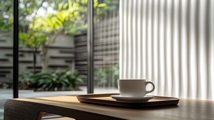 White coffee cup on a wooden table with a garden view