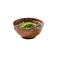 Miso Soup:  A steaming bowl of miso soup garnished with chopped scallions,  a classic Japanese comfort food, offering a savory and flavorful taste experience.