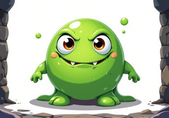 Playful Green Cartoon Monster Emerging from Stone Cave Cute and Mischievous Creature Illustration