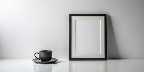 A simple minimalist scene featuring a blank picture frame and a dark gray cup and saucer on a white surface