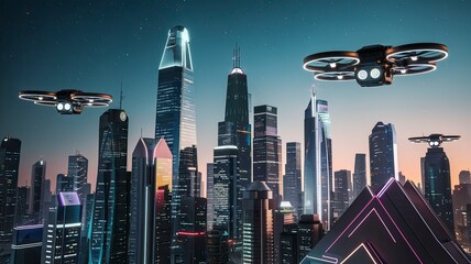 A futuristic city skyline glowing at night, with neon lights and flying drones.