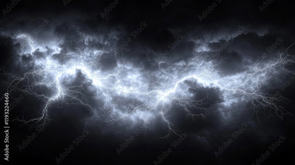 Poster realistic thunderstorm action with lightning bolts flashing through dark cloudy sky in a transparent