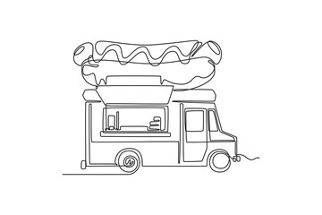 Food truck with street food concept. Single line draw design vector graphic illustration.