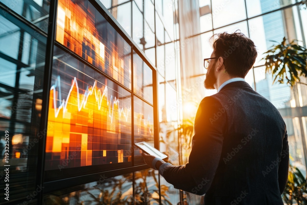 Poster business professionals collaborating in a dynamic environment with data visualization displays