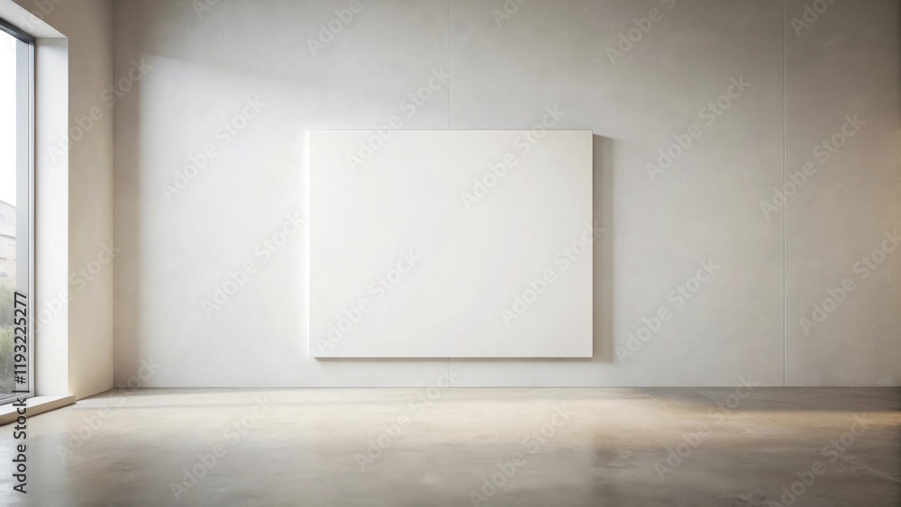 Poster Minimalist interior design large blank canvas on a wall in a spacious room with polished concrete floor and large window