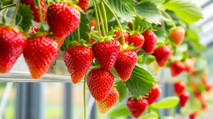 Hydroponic Grown Strawberries in Bright Greenhouse
