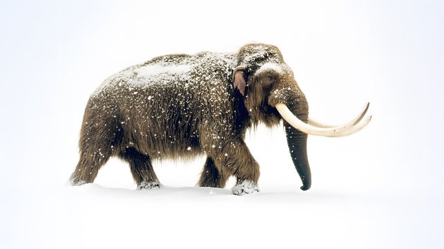 2. A woolly mammoth walking through a snowy environment, with a bright white backdrop