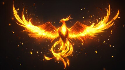 Phoenix Spreading Wings in Yellow Flames Dark Background
