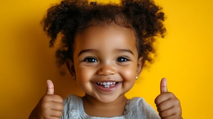 Joyful child giving thumbs up bright yellow background portrait photography