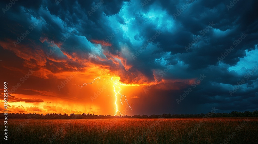 Aufkleber realistic thunderstorm with lightning striking through dark clouds over a golden field at dusk with 