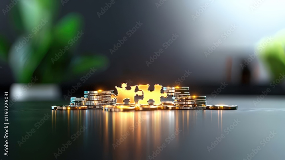 Poster a glowing puzzle piece sits atop a reflective surface, surrounded by abstract digital elements, sugg