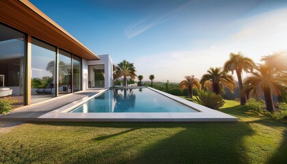 modern house with glass windows and an outdoor pool palm trees