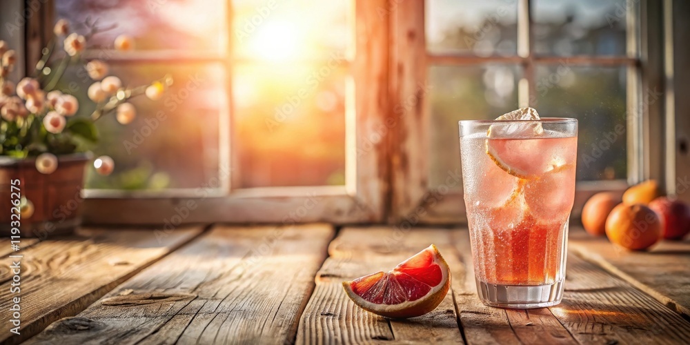 Poster Refreshing Citrus Beverage on Rustic Wooden Table with Sunlight Streaming Through Window