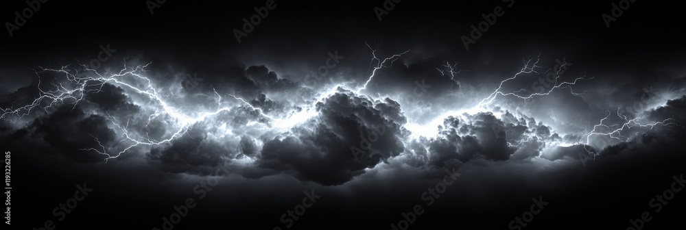 Poster dramatic realistic thunderstorm with lightning striking dark clouds in background surrounded by tran
