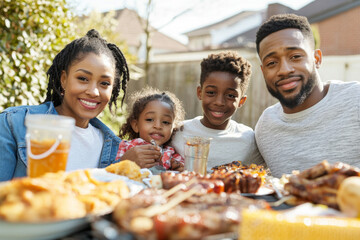 Family enjoying backyard barbecue during summer gathering with pastel decorations