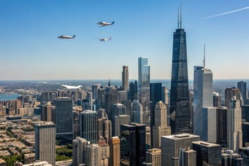 Aerial shot of a city with numerous skyscrapers and planes flying overhead under clear blue skies, skyscrapers, tall buildings