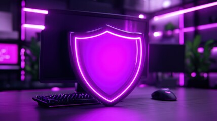 A glowing purple shield symbolizing digital security sits beside a computer in a stylish, modern workspace.