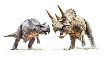 Fototapeta premium 6. A triceratops defending itself from a predator, with a clean white backdrop enhancing the scene
